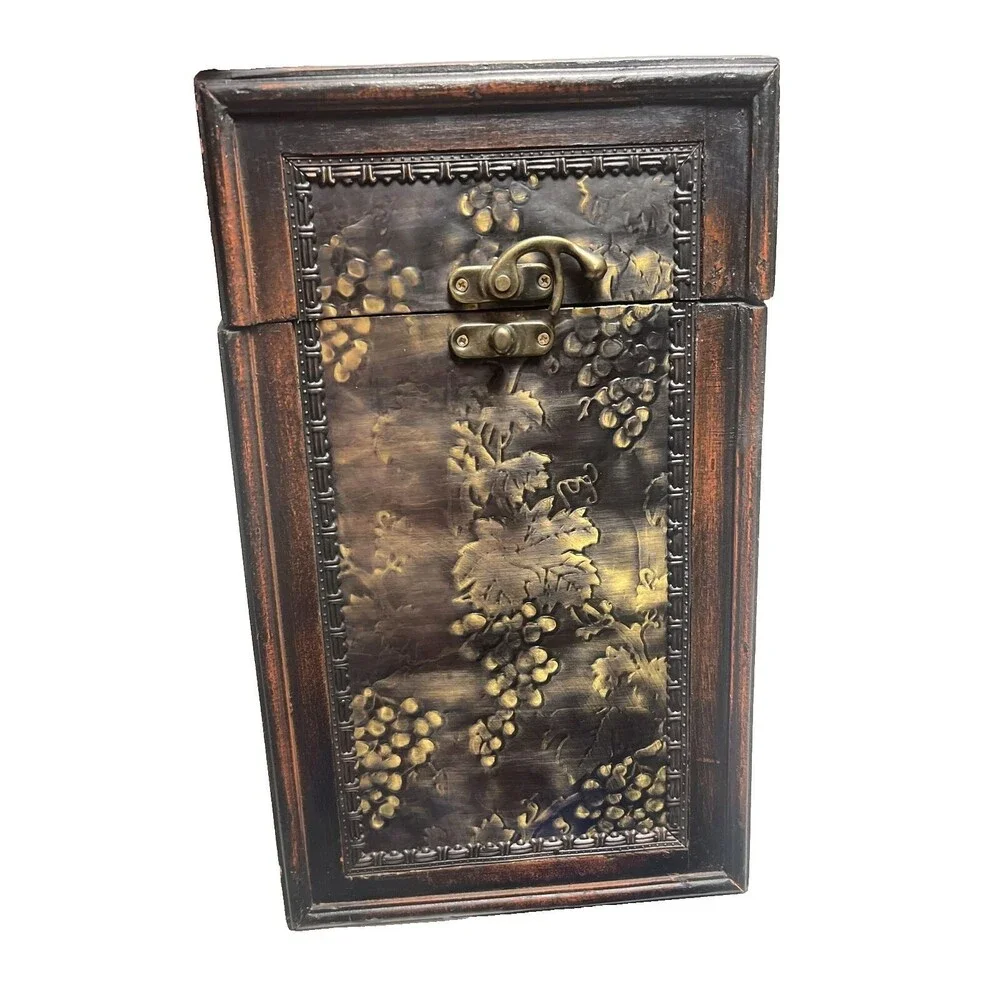 Wood Wine 2 Bottle Holder Hinged Storage Metal Grape Accents Handle Clasp
